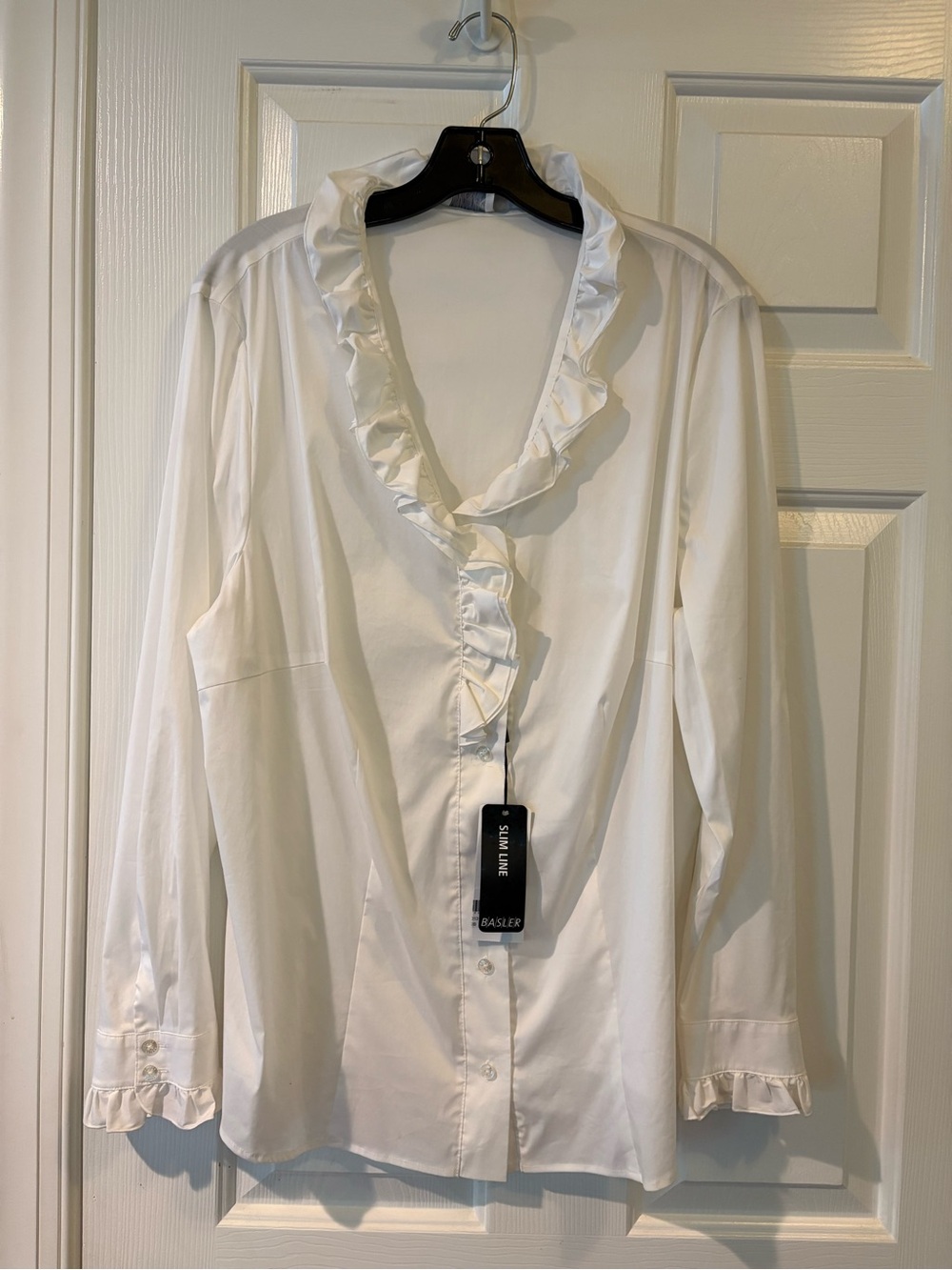 Basler White Ruffle V-Neck Button-Front Blouse